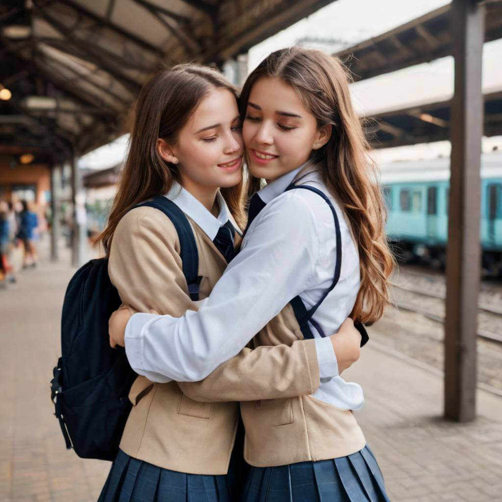 Two teenage girls in school uniforms hugging tightly at a train station, tears in their eyes.