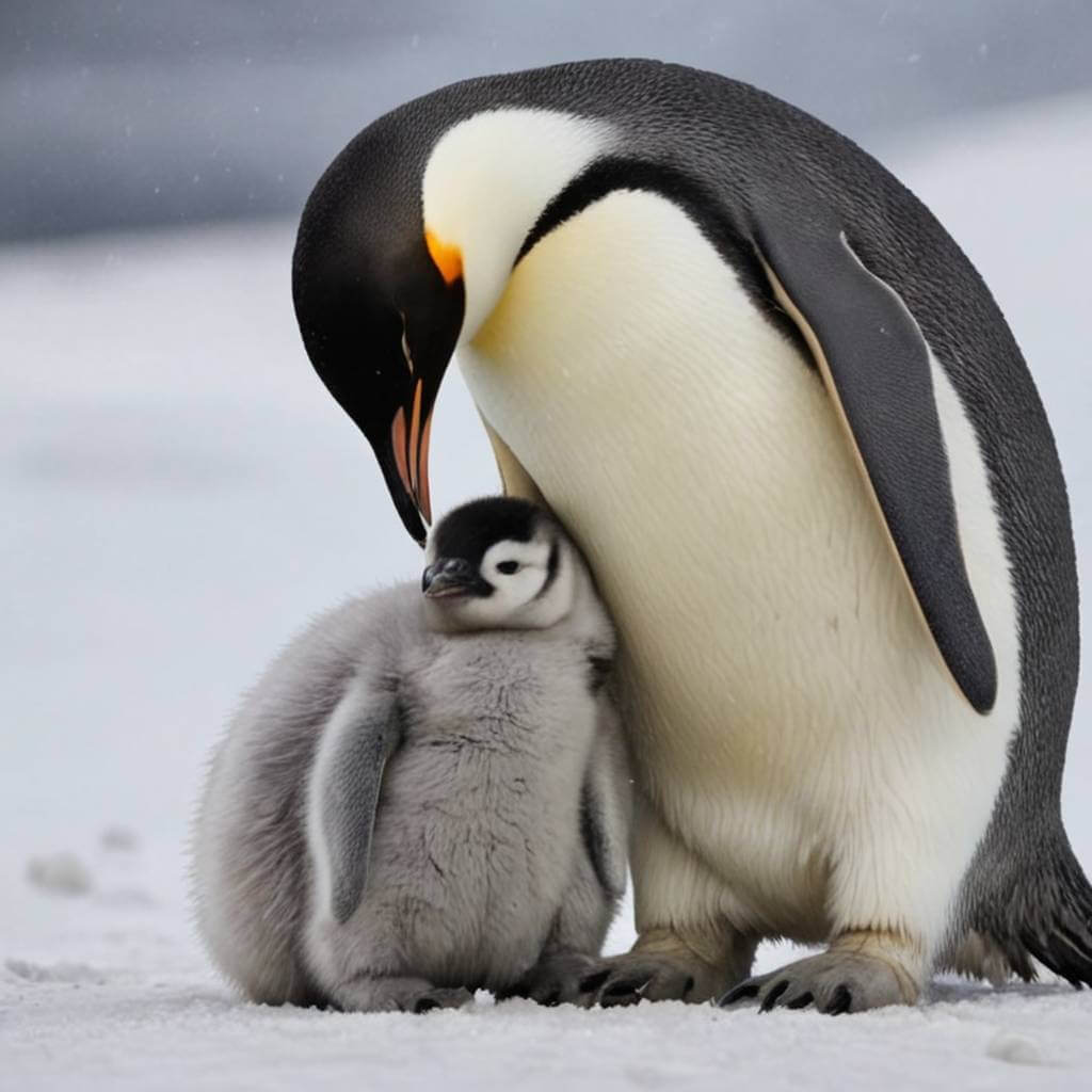 A penguin parent hugging its chick with both wings.