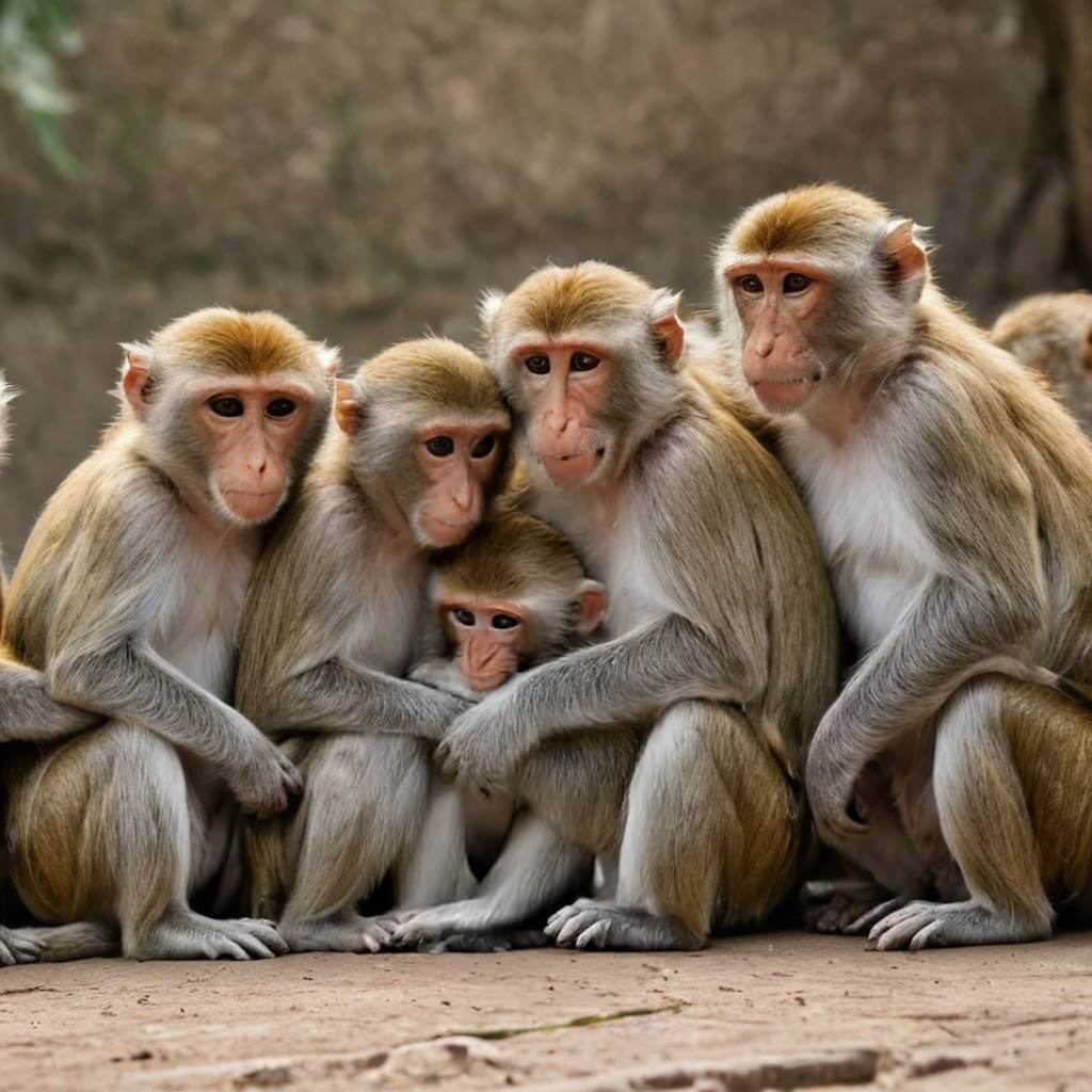 A group of monkeys sitting in a line, hugging one another like a chain.
