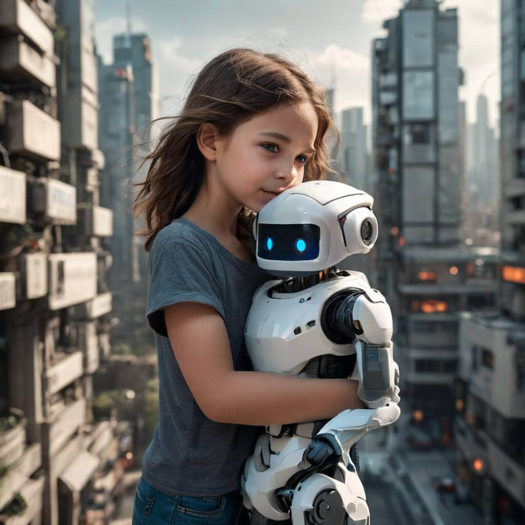 A child hugging a small friendly robot in a futuristic city.