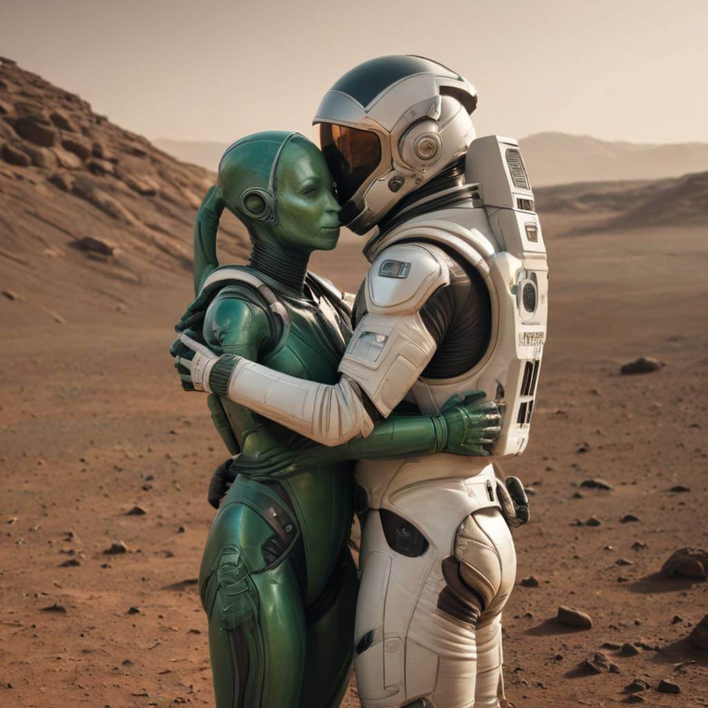 A green alien and a human astronaut sharing an emotional hug on Mars.