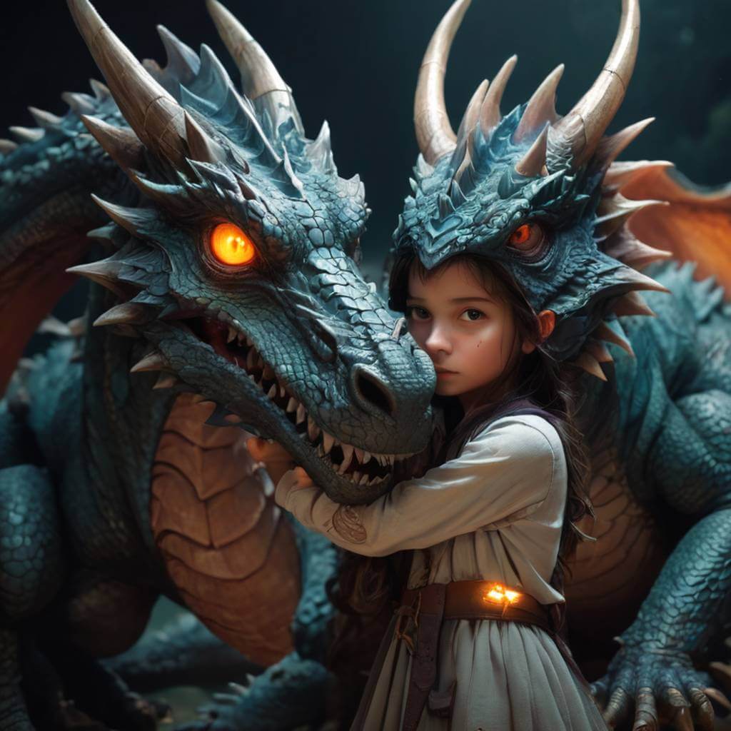A tiny girl hugging the snout of a massive dragon with glowing eyes.