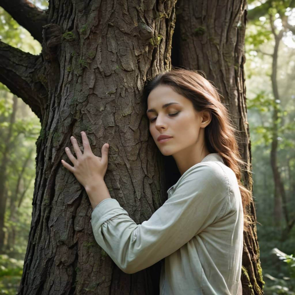 A woman hugging an ancient tree in the forest with eyes closed, connecting with nature.