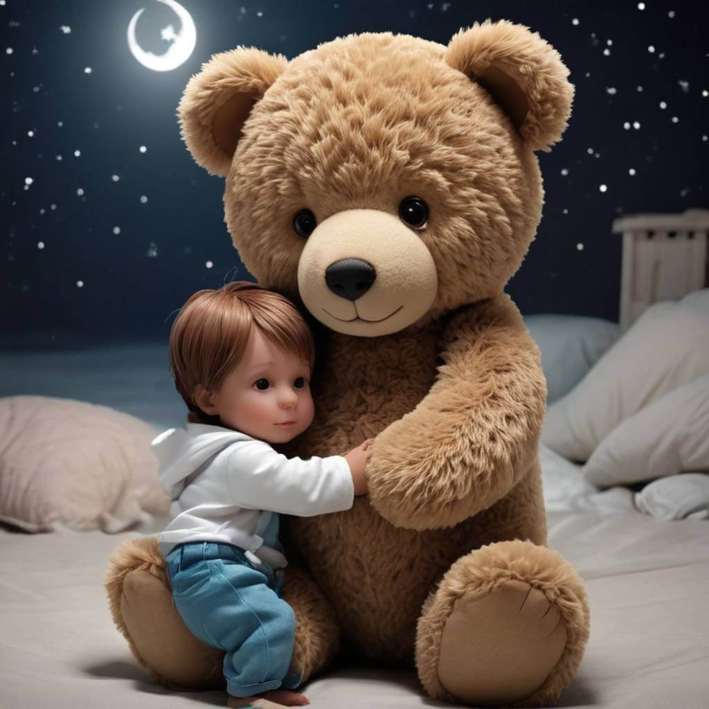 A teddy bear magically coming to life to hug a lonely child at night.