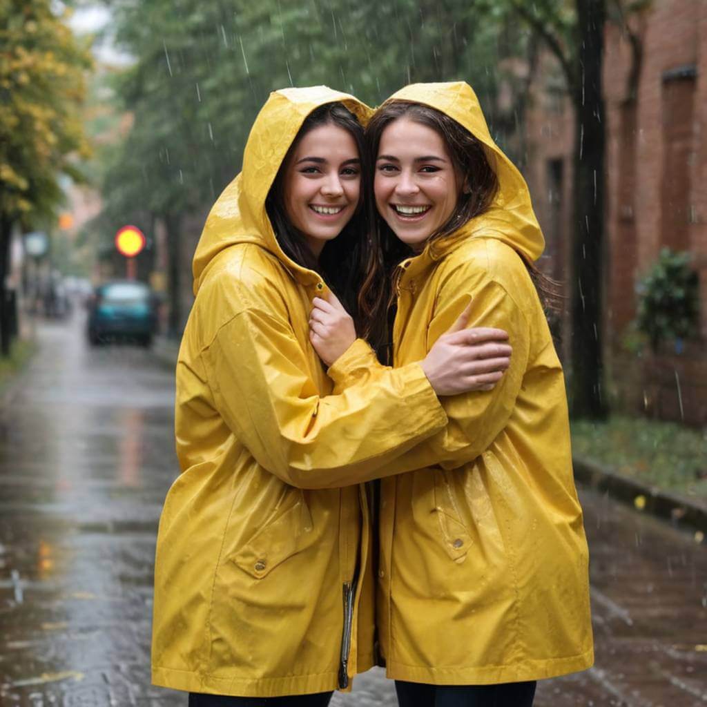 Two friends hugging in oversized yellow raincoats, completely soaked but laughing in the rain.