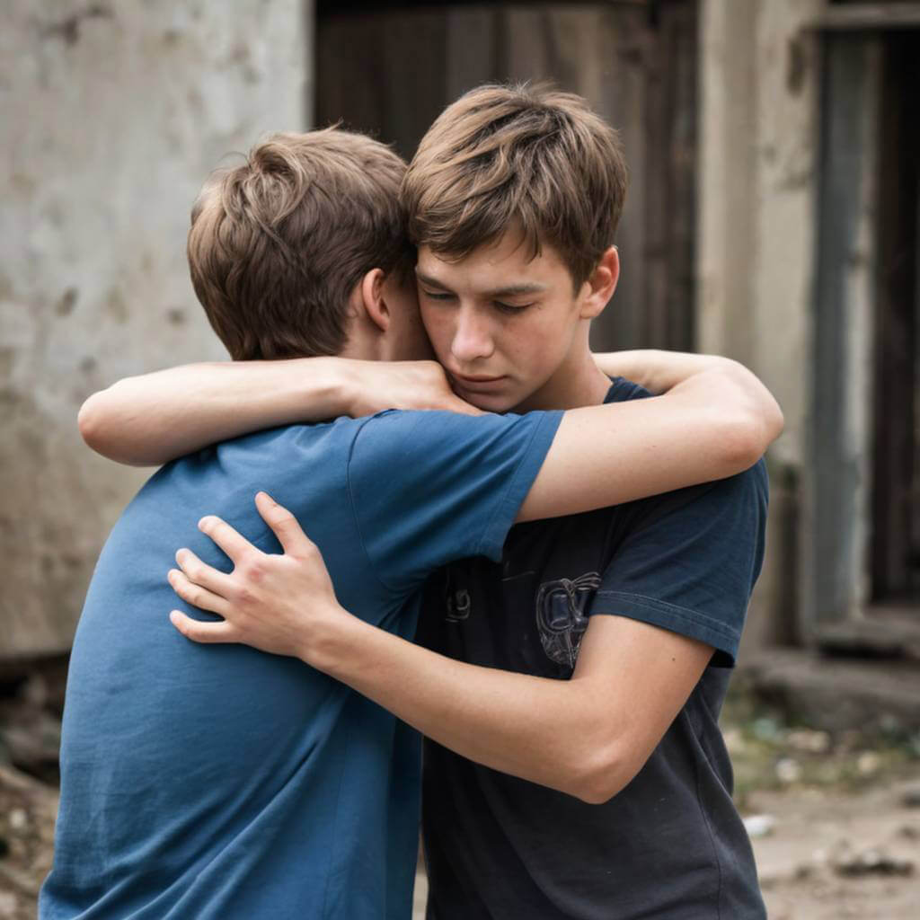 Two teenage boys hugging after a fight, one whispering “I’m sorry.