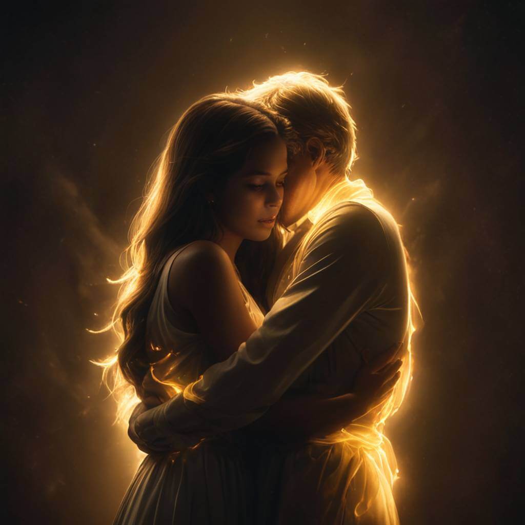 A glowing spirit hugging a grieving person in darkness, surrounding them with warmth and soft golden light.