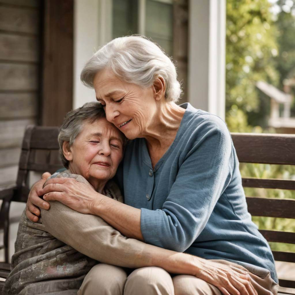 An elderly woman gently hugging her crying grandson on a porch swing.