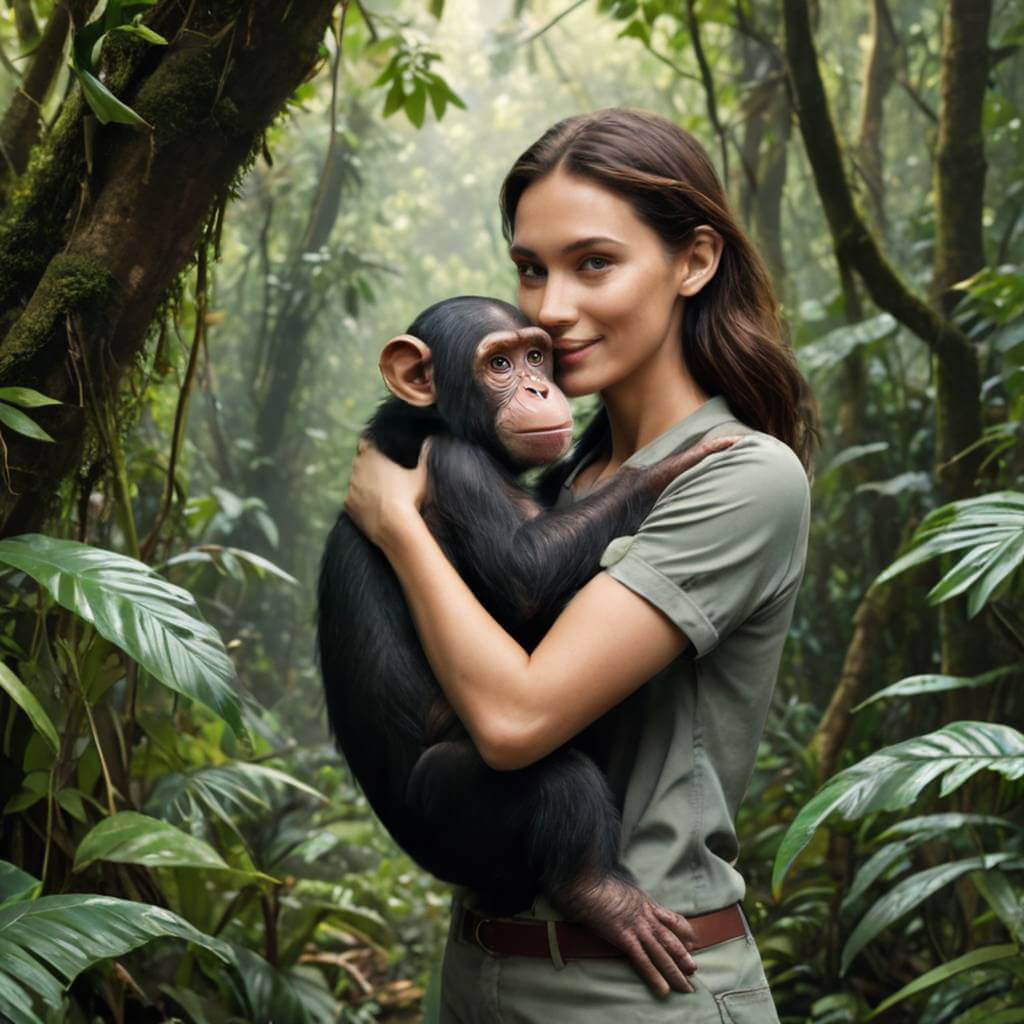 A biologist hugging a chimpanzee in the lush rainforest after years of research and bonding.