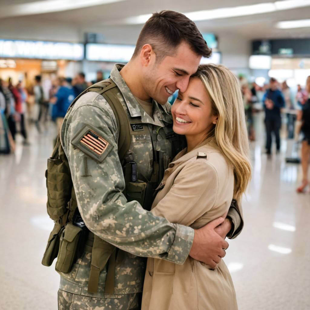 A soldier in uniform hugging his wife at the airport, both crying and smiling.