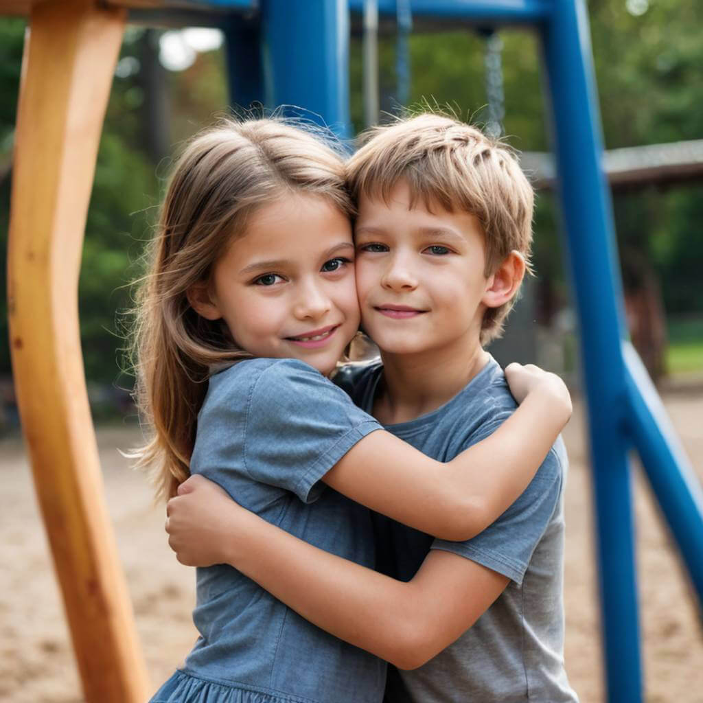 A little brother and sister hugging tightly after a playground argument.
