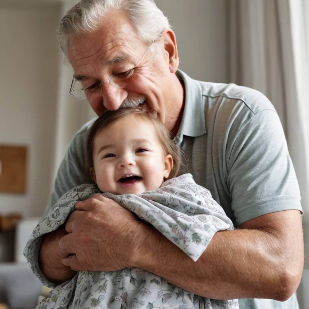 A toddler with chubby arms wrapping around her grandpa’s neck, giggling.