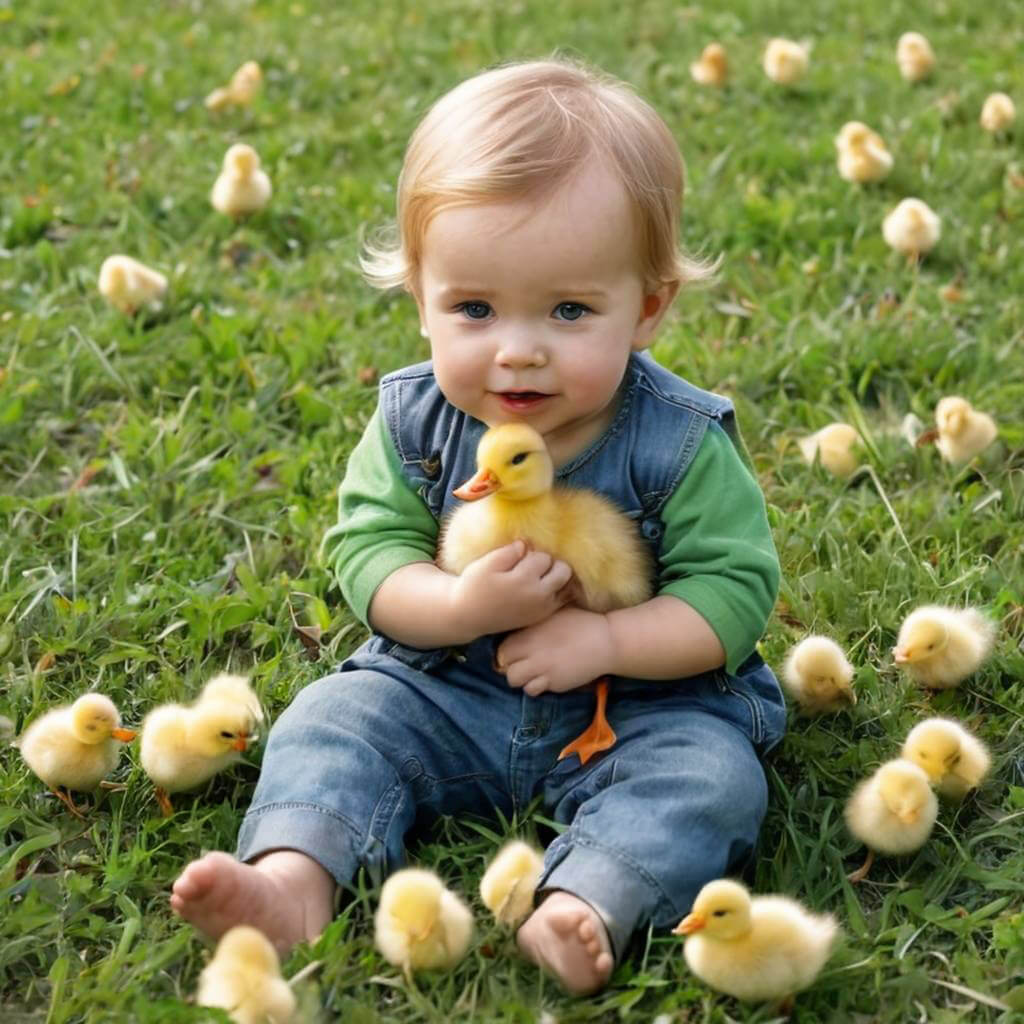A toddler sitting on the grass with tiny ducklings nestled against their chest.