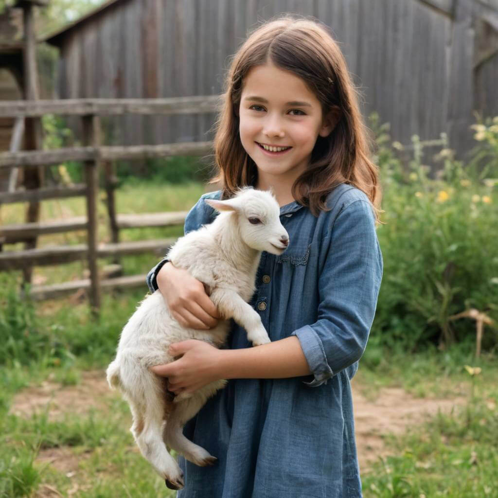A farm girl hugging a baby goat that’s standing on its hind legs with a happy bleat.