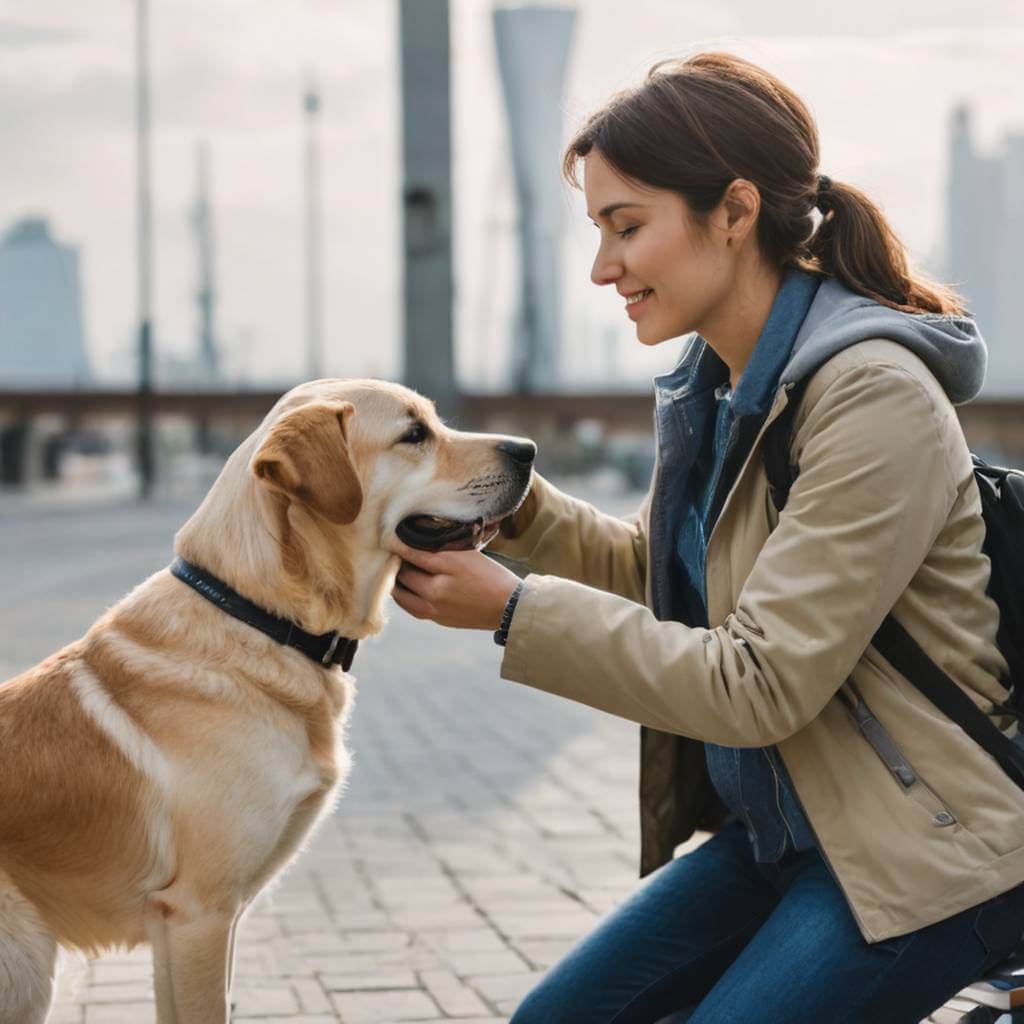 A blind person reaching out and hugging their guide dog after a successful journey.
