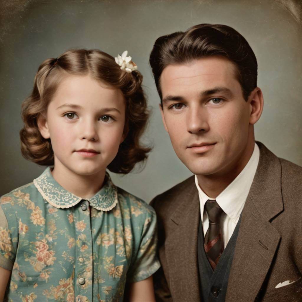 Colorize a vintage family portrait with realistic skin tones and period-accurate clothing colors while preserving facial details using our photo repair capabilities.